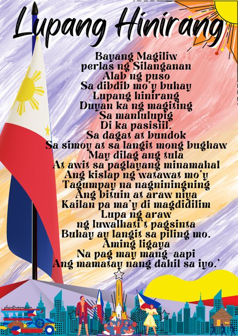 For classroom posters Lupang Hinirang Poster Printable, Lupang Hinirang Printable, Lupang Hinirang Poster, Lupang Hinirang Lyrics, Makabayan Poster, Philippine National Anthem, Classroom Posters Elementary, Classroom Bulletin Boards Elementary, Daycare Signs