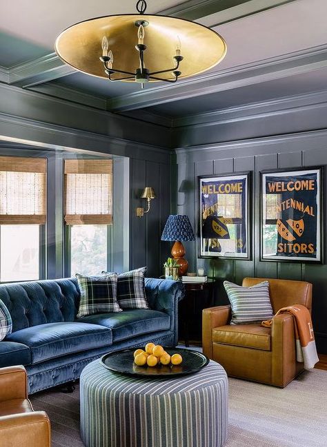 Boston Interior Design, Chesterfield Bank, Best Leather Sofa, Blue Accent Chairs, Blue Velvet Sofa, Vintage Interior Design, Round Sofa, Transitional Living Rooms, Blue Rooms