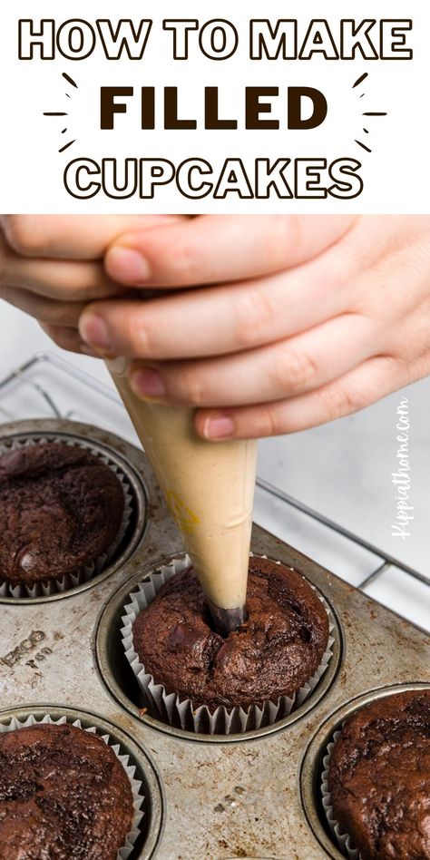 Frosting Inside Cupcakes, How To Make Cream Filled Cupcakes, How To Fill A Cupcake With Icing, Pudding Stuffed Cupcakes, Hostess Cupcake Filling, Fill Cupcakes How To, Icing Filled Cupcakes, How To Stuff Cupcakes, How To Stuff Cupcakes With Frosting