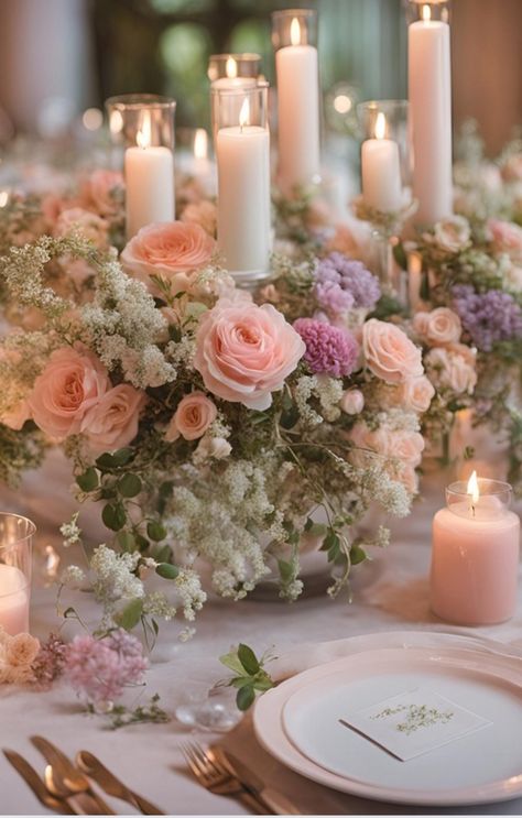 Pastel flowers and candles, romantic wedding centre piece Dusty Pink Wedding Flowers, Romantic Wedding Table Settings, Dreamy Romantic Wedding, Candle Tablescapes, Candles Romantic, Pastel Wedding Theme, Flowers And Candles, Dusty Pink Weddings, Wedding Themes Spring