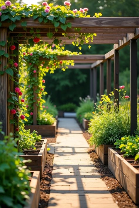 Garden pathway with wooden pergolas, surrounded by lush greenery and colorful flowers. Screened Vegetable Garden, Vegetable Garden Spacing, Raised Garden Design Layout, Veggie And Fruit Garden Layout, Vegetable Boxes Garden, Inground Garden Layout, Side Yard Vegetable Garden Ideas, Backyard Vegetable Garden Layout, Potager Garden Design Layout