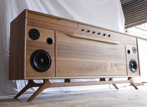 Record Player Furniture, Modern Record Console, Vintage Stereo Console, Modern Speakers, Hifi Furniture, Record Console, Wood Speakers, Stereo Console, Turntable Stand