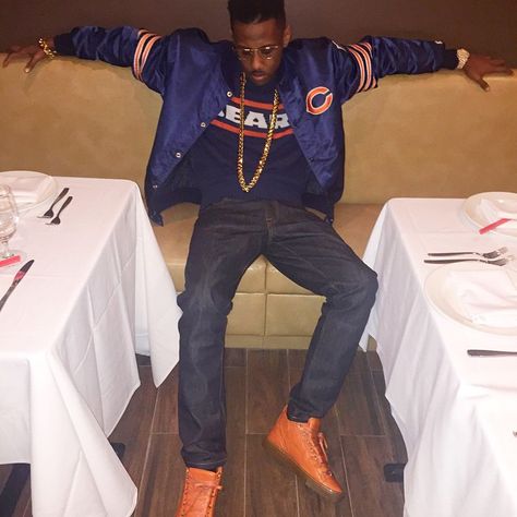 Fabolous Wears Chicago Bears Starter jacket With Matching Orange Balenciaga Arena Sneakers | UpscaleHype Orange Balenciaga, 49ers Jacket, Lakers Jacket, Celebrity Sneakers, Dodgers Jacket, Vintage Chicago Bears, Mike Ditka, Balenciaga Arena, Masc Fashion