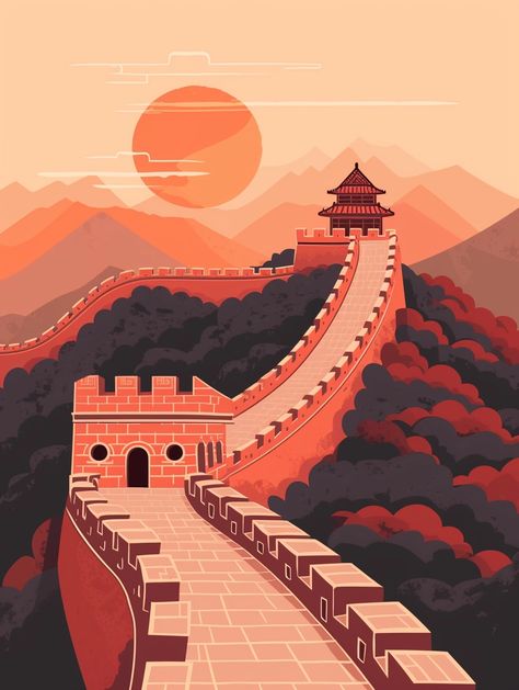 💎🌟Travel Wall Art with Midjourney Prompts - Follow the Link in my Bio🌐🔗 Great Wall Of China Drawing, Wall Drawing, Great Wall Of China, Chinese Architecture, Vector Art Illustration, Travel Wall Art, Travel Wall, Great Wall, Painting Class