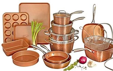 Gotham Steel Hammered Copper Collection – 20 Piece Premium Cookware & Bakeware Set with Nonstick Copper Coating, Includes Skillets, Stock Pots, Deep Square Fry Basket, Cookie Sheet and Baking Pans #Cookware #cooking #kitchen #chef Ceramic Nonstick Cookware, Copper Collection, Ceramic Cookware Set, Kitchen Cookware Sets, Ceramic Cookware, Stock Pots, Copper Cookware, Pots And Pans Sets, Stainless Steel Cookware