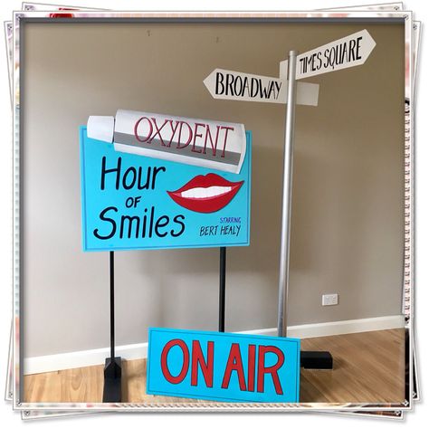 'Annie Kids' signage. Radio scene and sign post for Times Square scene. Timber and PVC pipe construction, hand painted Annie Jr Props, Annie Cast Party Ideas, Annie Musical Set, Annie Jr Set Design, Annie Props, Annie Play, Annie The Musical, Sandy Costume, Hairspray Movie