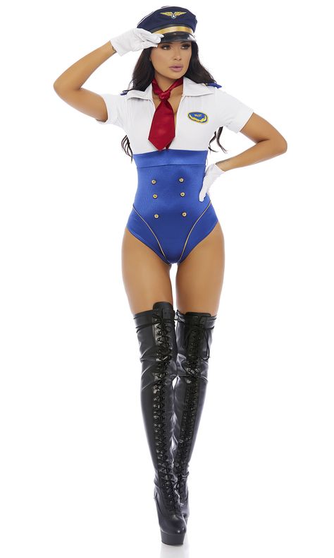 Pilot Halloween, Flight Attendant Costume, Hat Silk, Bodysuit With Shorts, Pilot Costume, Pilot Hat, Pilot Shirt, Blue Bodysuit, Halloween Costumes For Girls