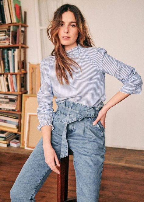 Blue and White Stripe Clothilde Blouse Sezane Paris Sezane Blouse, Eyelet Shirt, Denim Essentials, Slim Denim, Check Dress, Cotton Blouses, Outfits Casuales, Parisian Style, Boyfriend Jeans