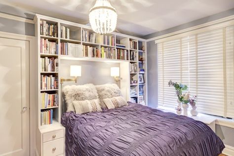 Bedroom storage solutions with built-in for books. See the before-and-after and full details on Sweeten. Bookshelf Above Bed, Bookshelf Bed, Bedroom Built Ins, Bed Bookshelf, Manhattan Apartment, Bedroom Renovation, Upper West Side, Above Bed, Breakfast In Bed