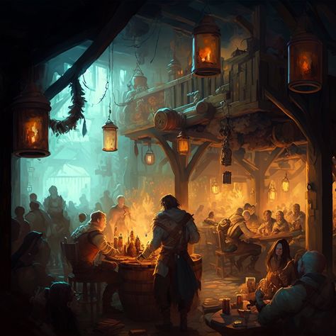 Fantasy Scene Ideas, Dnd Scene Art, Fantasy Festival Art, Tavern Fantasy Art, Fantasy Tavern Art, Town Fantasy Art, Tavern Concept Art, Fantasy Pirate Art, Pirate Fantasy Art