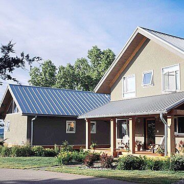 Slide 10: No Painting Necessary House Ideas Exterior One Story, Addition Exterior, Manor Exterior, Stucco Siding, Mission Style Homes, Trendy House, House Ideas Exterior, New Mexico Homes, Metal Roofs