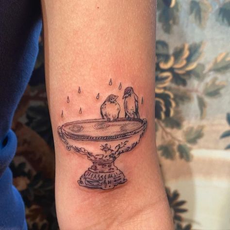 Little bird bath! Thank you for trusting me with your first tattoo ! . . #pdxtattoo #birdbathtattoo #birdtattoo #portlandtattoo | Instagram Bird Bath Tattoo Ideas, Bird Bath Tattoo, Birdbath Tattoo, Europe Tattoos, Portland Tattoo, Seattle Tattoo, Vintage Tattoos, Tiny Tats, Stamp Tattoo