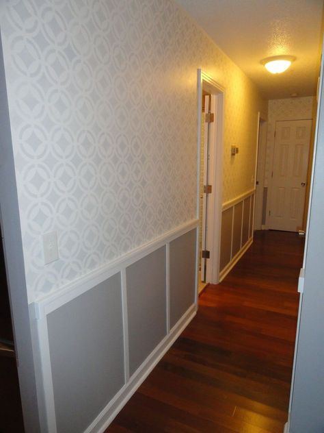 Boring White Hallway Made A Little More interesting White Hallway, Accent Wall Stencil, Hallway Makeover, Dark Hallway, Faux Panels, White Hall, Narrow Hallway Decorating, Foyer Decorating, Narrow Hallway