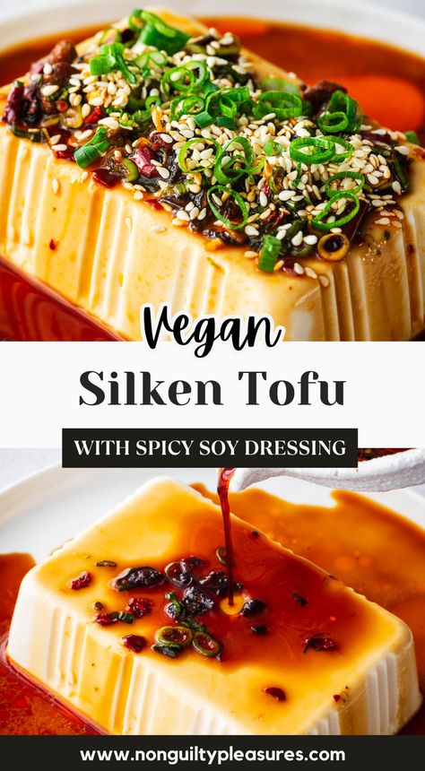 Looking for delicious and easy silken tofu recipes? Look no further! This silky and smooth vegan silken tofu recipe takes only 5 minutes to make using a handful of simple ingredients. Serve it with rice for a main dish or as a side dish to any Asian dinner. It also makes a great vegan appetizer! The spicy soy sauce dressing is a combination of chili crisp, sesame oil, soy sauce and other aromatics for instant flavor! Soy Puffs Recipe, Recipes Using Silken Tofu, Tofu Summer Recipes, Easy Silken Tofu Recipes, Silken Tofu Sauce, Silky Tofu Recipes, Cold Tofu Recipes, Silk Tofu Recipes, Soft Tofu Recipes