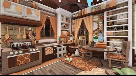 Halloween Bloxburg Kitchen Ideas, Preppy Fall House Bloxburg, Fall Blockburg House, Bloxburg Kitchen Ideas Autumn, Bloxburg House Ideas Fall Living Room, Bloxburg Fall Entryway, Bloxburg Fall Dining Room, Bloxburg Living Room Ideas Autumn, Halloween Living Room Bloxburg