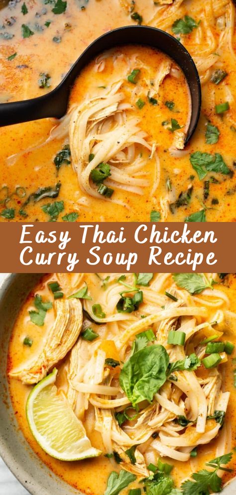 Easy Thai Chicken Curry Soup Recipe | Cheff Recipes Easy Thai Noodle Soup, Low Carb Thai Soup, Thai Curry Soup Instant Pot, Easy Thai Chicken Soup, Chicken Satay Soup, Chicken Curry Rice Soup, Pad Thai Soup Recipes, Vietnamese Chicken Soup Recipes, Asian Style Soup Recipes