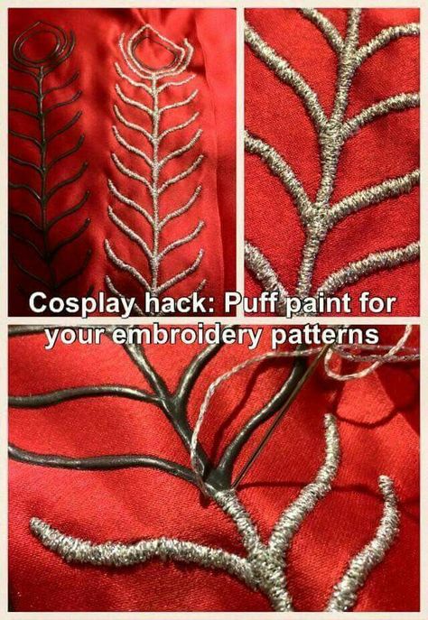 Not just for "cosplay" but this is a great way to fake embroidery. Its been pinned and posted before using an easier method of hot glue but sometimes you use what you have. Costume Tutorial, Puff Paint, Puffy Paint, Cosplay Tutorial, Cosplay Diy, Cosplay Tips, Cosplay Ideas, Embroidery Pattern, Halloween Cosplay