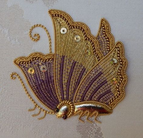 Amethyst Japanese Butterfly Class Aari Butterfly Design, Japanese Butterfly, Gold Work Embroidery, Hand Beaded Embroidery, Gold And Purple, Bead Embroidery Patterns, Embroidery Works, Hand Work Embroidery, Hand Work Blouse Design