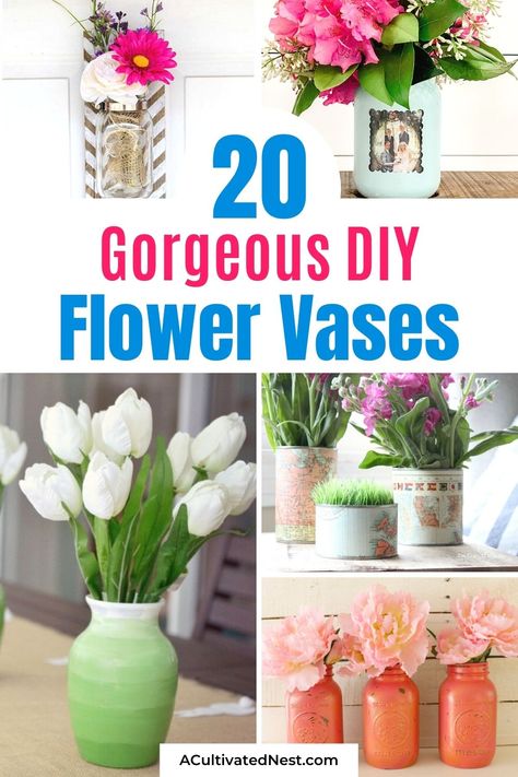 20 Gorgeous DIY Flower Vase Ideas- You don't want to miss these gorgeous DIY flower vase ideas! They're perfect décor for your home or office space! | #DIY #flowerVases #crafts #diyProjects #ACultivatedNest Vase Fake Flowers Home Decor, Uses For Vases Other Than Flowers, Decorated Vases Diy, Vase Decorating Ideas Diy Craft Projects, Glass Flower Vase Ideas, Flower Vase Decorating Ideas, Flower Vases Ideas, Flower Vases Diy, Diy Flower Vase Ideas