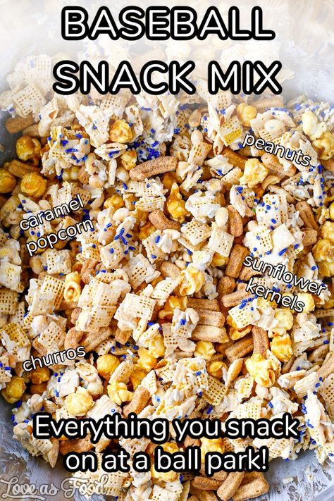 Take me out to the ball game! Or make me this baseball snack mix full of all the best treats at a baseball game! Churros, popcorn, peanuts and sunflower kernels are a ball park mainstay. 

#baseball #dodgers #snackmix #chexmix Ball Park Snacks, Baseball Park Snacks, Baseball Potluck Ideas, Baseball Party Snacks, Ball Park Food Ideas, Baseball Food Ideas, Ball Park Food, Baseball Game Snacks, Baseball Party Food