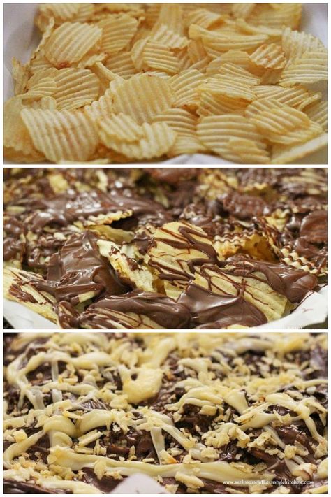 This Triple Chocolate Potato Chip Bark is a must-make for the sweet and salty fans in your life #potatochips #potatochipbark #candybarkrecipes #triplechocolate #candy #chocolatebark #chocolatedippedpotatochipsrecipe Potato Chip Bark, Candy Bark Recipes, Chocolate Potato Chips, Chocolate Covered Potato Chips, Potato Chip Recipes, Potato Chip Cookies, Chocolate Deserts, Easy Candy Recipes, Candy Truffles