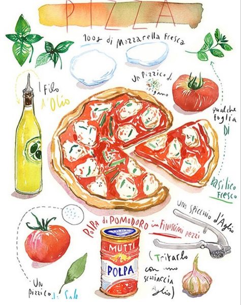 Pizza Painting, Pizza Illustration, Kitchen Italian, Homemade Recipe Books, Recipe Book Design, Illustration Kitchen, Food Art Painting, Recipe Book Diy, Homemade Cookbook