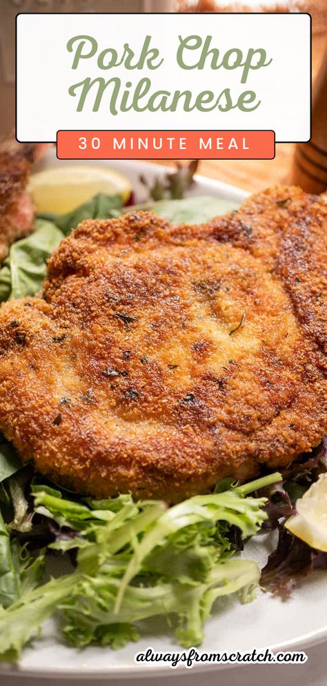 Ready for a delicious meal in just 30 minutes? This Pork Chop Milanese recipe is the perfect quick dinner idea that combines crispy, breaded pork chops with Italian flair! Juicy and flavorful, this dish is sure to impress your family and friends. Pair it with a fresh salad or pasta for a complete meal that captures the essence of Italian pork chop dishes. Whether you're cooking for a busy weeknight or a casual get-together, this easy recipe is a must-try for anyone seeking a quick dinner! Pork Chop Spaghetti, Italian Style Pork Chops, Pork Chop Recipes Italian, Italian Pork Chop Recipes, Italian Pork Recipes, Pork Chop Pasta, Pork Chop Milanese, Italian Breaded Pork Chops, Italian Holiday Recipes