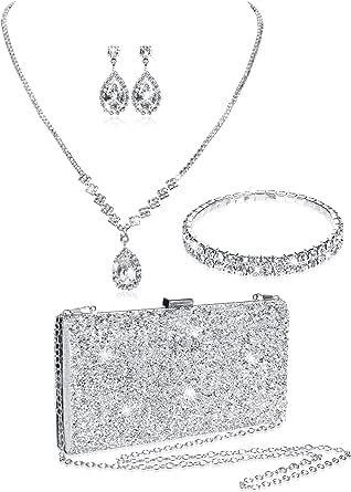 Silver Clutch Purse, Rhinestone Jewelry Set, Silver Clutch, Bling Necklace, Party Dance, Bracelets Set, Bridesmaid Jewelry Sets, Women's Jewelry Sets, Silver Jewellery Sets