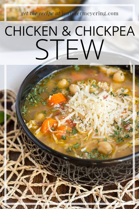 This beautiful stew comes together in about 30 minutes with diced chicken, soft carrots, and chickpeas. Cumin Chicken And Chickpea Stew, Chicken Soup With Chickpeas, Chicken Chickpea Crockpot, Chicken Chickpea Stew, Chicken Chickpea Soup Recipes, Chickpeas And Chicken Recipe, Chicken Chickpea Soup, Chicken And Chickpea Recipes, Chicken And Chickpea Soup