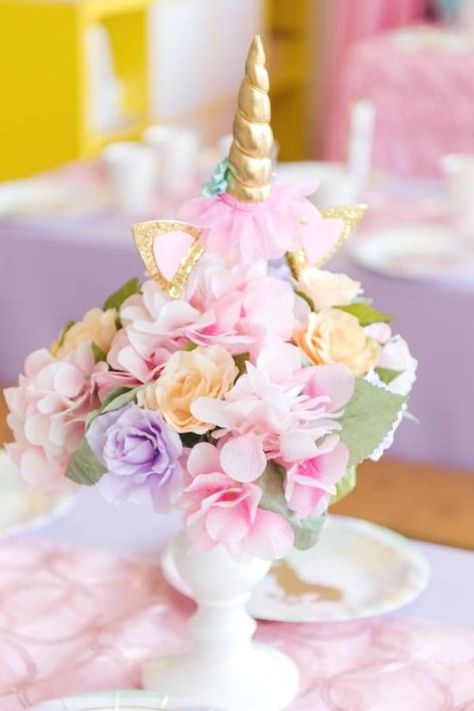 Swoon over this gorgeous unicorn birthday party! The centerpiece is so impressive!! See more party ideas and share yours at CatchMyParty.com #catchmyparty #partyideas #unicorn #unicornparty #unicorncenterpiece #unicornpartydecorations Unicorn Centerpiece Diy, Unicorn Table Centerpiece, Rainbow Unicorn Centerpieces, Unicorn Birthday Table Centerpieces, Diy Unicorn Centerpiece Birthdays, Unicorn Centerpiece Birthdays, Unicorn Birthday Party Centerpieces Flowers, Unicorn Centerpiece, Girls Birthday Party Decorations