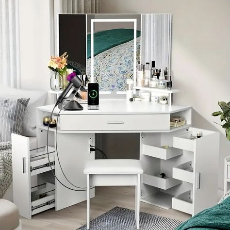 Tri fold Mirror Outlets Vanity Set 3 Color Lighting Multiple - Temu Vanity With Lighted Mirror, Corner Makeup Vanity, Corner Vanity, Makeup Vanity Desk, Corner Furniture, Hidden Spaces, Color Lighting, Trifold Mirror, Vanity Table Set