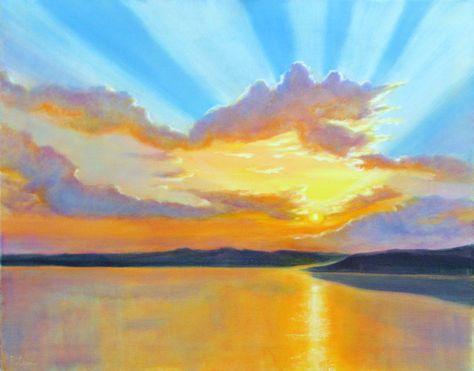 Sun And Clouds Painting, Sun Ray Painting, Sunny Sky Painting, Sun Drawing, Beach Drawing, Sun Painting, Sun And Clouds, Cloud Drawing, Watercolor Sunset