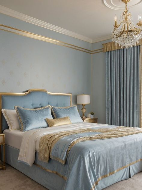 Create a dreamy light blue and gold bedroom aesthetic by adding a shimmering gold accent wall and incorporating light blue bedding and curtains. Enhance the ambiance with crystal chandeliers and velvet gold throw pillows for a touch of luxury. Blue And Gold Bedroom Aesthetic, Light Blue And Gold Bedroom, Gold Bedroom Aesthetic, Light Blue Bedding, Blue And Gold Bedroom, Gold Accent Wall, Light Blue Bedroom, Velvet Bedroom, Blue Bedroom Walls