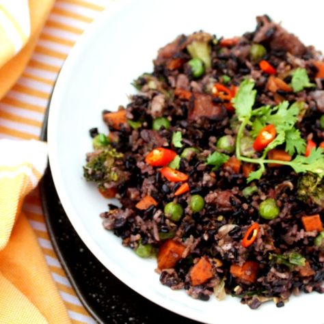 Forbidden Black Fried Rice with Lime and Cilantro - Spice Chronicles Forbidden Rice Recipes, Black Rice Recipe, Forbidden Rice, Making Fried Rice, Cooking White Rice, Black Rice, Cooking Wine, Chicken Sausage, Cilantro Lime