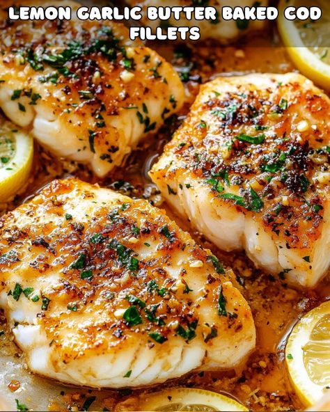 Lemon Garlic Butter Baked Cod: A Delicious and Easy Seafood Recipe Lemon Garlic Butter Fish Recipes, Honey Garlic Cod Recipes, Cod Fish Scampi, Lemon Herb Baked Cod, Cod One Pan Meal, Cod Lunch Recipes, One Pan Cod Recipes, Lemon Butter Cod Recipes, Lemon Cod Recipes