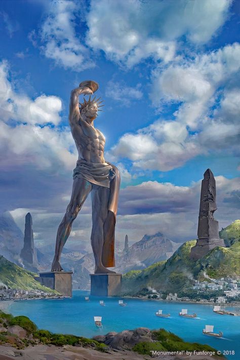 Colossus Of Rhodes Art, The Colossus Of Rhodes, Colossus Of Rhodes Tattoo, Greek Landscape Art, Latin Club, Colossus Of Rhodes, Greek Landscape, Ancient Greece Aesthetic, Ancient Greece Art