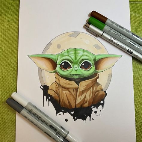 Grogu - Click to view on Ko-fi - Ko-fi ❤️ Where creators get support from fans through donations, memberships, shop sales and more! The original 'Buy Me a Coffee' Page. Grogu Drawing, Grogu Art, Copic Marker Art, Sketch Markers, Alcohol Markers, Marker Art, Copic Markers, Copic, Original Prints