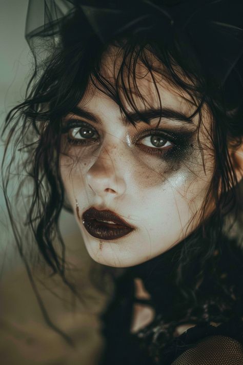 22 Grungy Makeup Looks That Will Rock Your World Scary Black Eye Makeup, Dead Flapper Makeup, Salem Witch Makeup, Messy Black Makeup, Raven Makeup Look, Pale Vampire Makeup, Dark Fairy Halloween Makeup, Punk Make Up 80s, Smudged Makeup Look