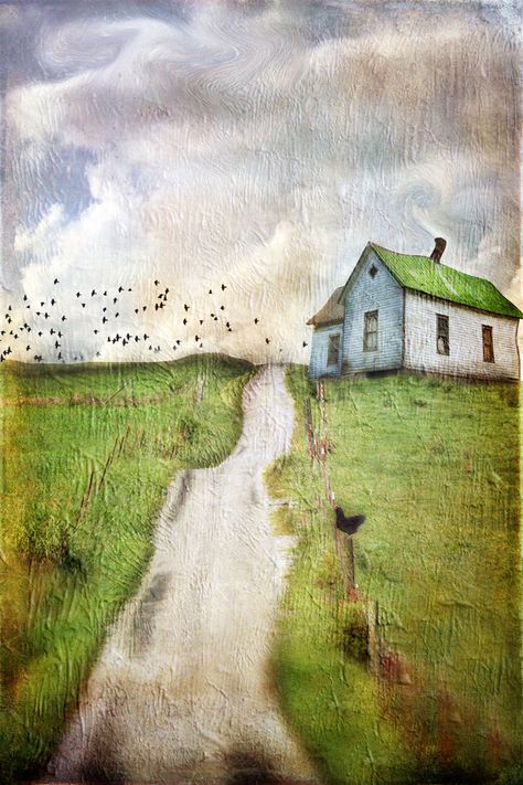 Arte Folk, 강아지 그림, Birds Flying, Black Bird, Abstract Landscape, Painting Inspiration, In The Middle, Landscape Art, A House