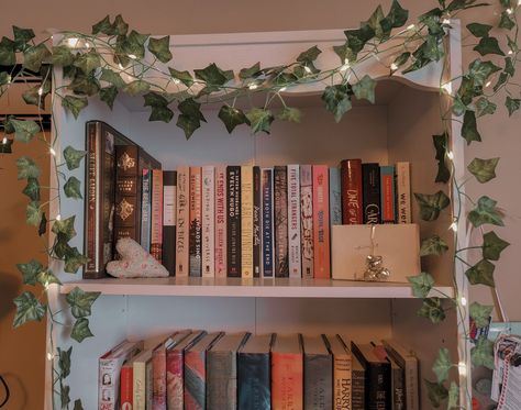 Vines On Bookshelf, Bookshelf With Vines, Floating Bookshelves Bedroom, Jay Core, Bookshelves Bedroom, Aesthetic Bookshelves, Bookshelf Aesthetic, Reading Corners, Floating Bookshelves