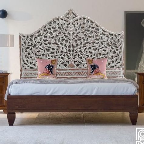 SMARTCAREWOOD Handmade- Bed headboard White Wash | Arabic Flower Wall Decor | Bed Wall Art | Boho Bed Headboard (55x40x1 -inches) White Carved Headboard, Boho Bed Headboard, White Wash Bed, Custom Bed Frame, King Size Bed Headboard, Carved Bed, Bed Wall Art, Boho Bed, Carved Beds