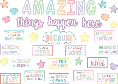 Amazing Things Happen Here Bulletin, Pastel Bulletin Board, Amazing Things Happen Here, Motivational Bulletin Boards, Welcome Bulletin Boards, Calendar Bulletin Boards, Teacher Helper, Math Operations, Bulletin Board Sets