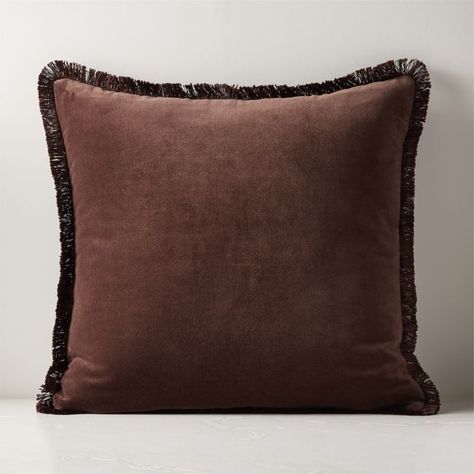 Rich tonal color is the secret to this seriously luxe throw pillow. Chocolate brown velvet is edged in a fringe of darker brown for a look that's polished and pulled together. CB2 exclusive.100% cotton velvetSelf backHidden zipper closureDry-clean onlyMade in India Desert Style Decor, Brown Throw Pillow, Couch Accent Pillows, Brown Throw Pillows, Silk Throw Pillows, Velvet Throw Pillow, Brown Pillows, Modern Throw Pillows, Brown Velvet