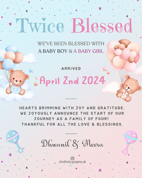 They have twins!!! 🩵🩷���🥳 Congratulations proud parents Dhwanil & Meera 😇 . #twins #babyannouncement #babyshower #double #doubletrouble #babyshowerinvite #digitalinvitation #einvite #birthday #baby #babyshowerinvitations #littleangel #personalisedinvitations #babyreveal #boy #girl Twins Baby Announcement, Twin Baby Announcements Ideas, Twins Birth Announcement, Twins Pregnancy Announcement, Baby Arrival Announcement, Twin Baby Announcements, Twins Photography, Twin Birth Announcements, Twins Announcement