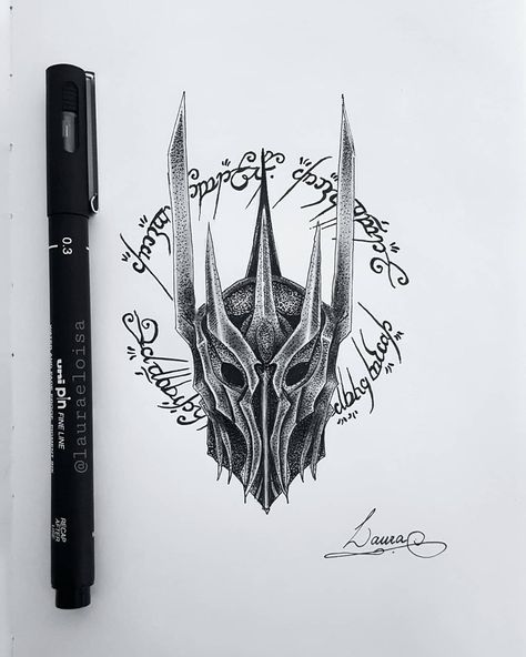 Sauron, The Dark Lord 👑  #Sauron #OSenhorDosAneis #Morgoth #TheLordOfTheRings #JRRTolkien #LOTR #Hobbit #LordOfTheRings #Tolkien… Sauron Helmet Tattoo, Sauron Tattoo Design, Sauron Drawing, Eye Of Sauron Tattoo, Sauron Tattoo, Lotr Sleeve, Eddie Tattoo, Helm Tattoo, Tolkien Tattoo