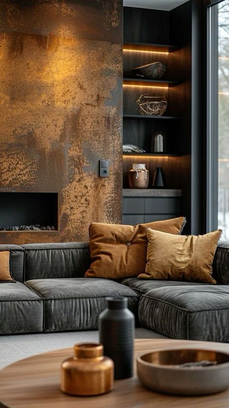 Gray Dark Brown Living Room, Black And Brown House, Black And Brown Living Room, Loft Basement, Slab Fireplace, Paint Deck, Rug Tattoo, Copper Living Room, Room Decor Tips