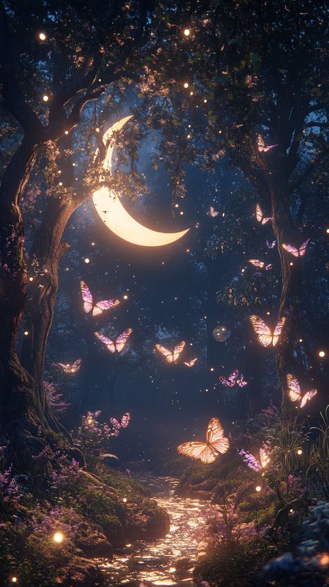 A dreamlike forest with glowing trees and floating orbs, where ethereal butterflies dance under a crescent moon, casting soft shadows on the luminescent moss. Mystical Fairy Aesthetic, Rituals Aesthetic, Aesthetic Fairy Lights, Goodnight Pics, Whimsical Moon, Moonlit Sky, Fairy Aesthetic, Mystical World, Under The Moon