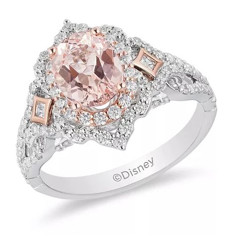 Disney Aurora, Enchanted Disney, Enchanted Disney Fine Jewelry, Disney Fine Jewelry, Disney Belle, Princess Cut Engagement Rings, Stylish Rings, Pink Morganite, Gold Halo