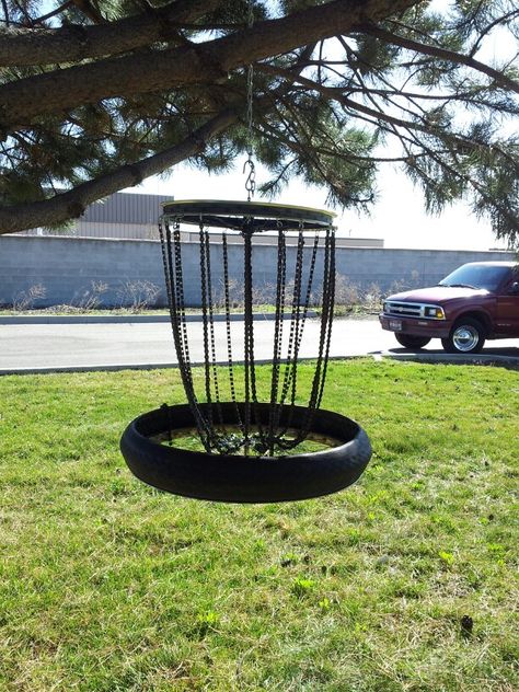 Frisbee golf basket I made of bicycle parts Homemade Disc Golf Basket, Diy Disc Golf Basket, Yard Activities, Disk Golf, Countryside Garden, Golf Trophies, Kids Yard, Disc Golf Basket, Disc Golf Baskets