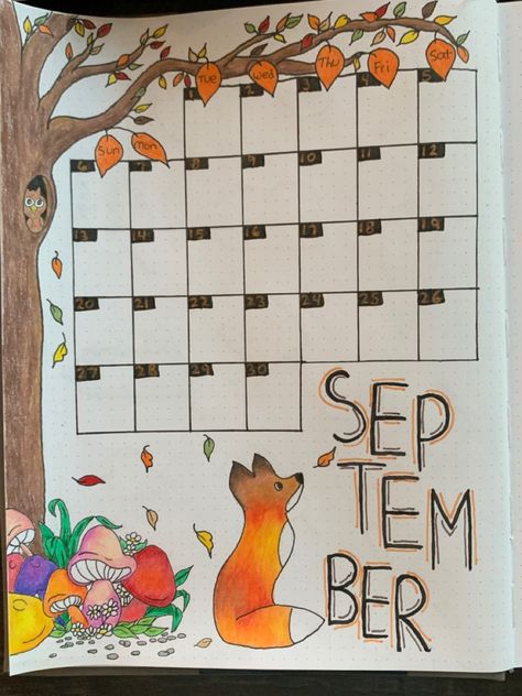 #calendar #september #fox #mushrooms #leaves #fall #autumn #woodland #bulletjournaling #bujo #bulletjournalideas #bujotheme Calendar Drawing Ideas September, September Calendar Journal, White Board Ideas Drawings Fall, Fall Calendar Ideas September, Bujo Ideas September, September Whiteboard Ideas, September Planner Layout, September Calander Aesthetic, September Calendar Doodles